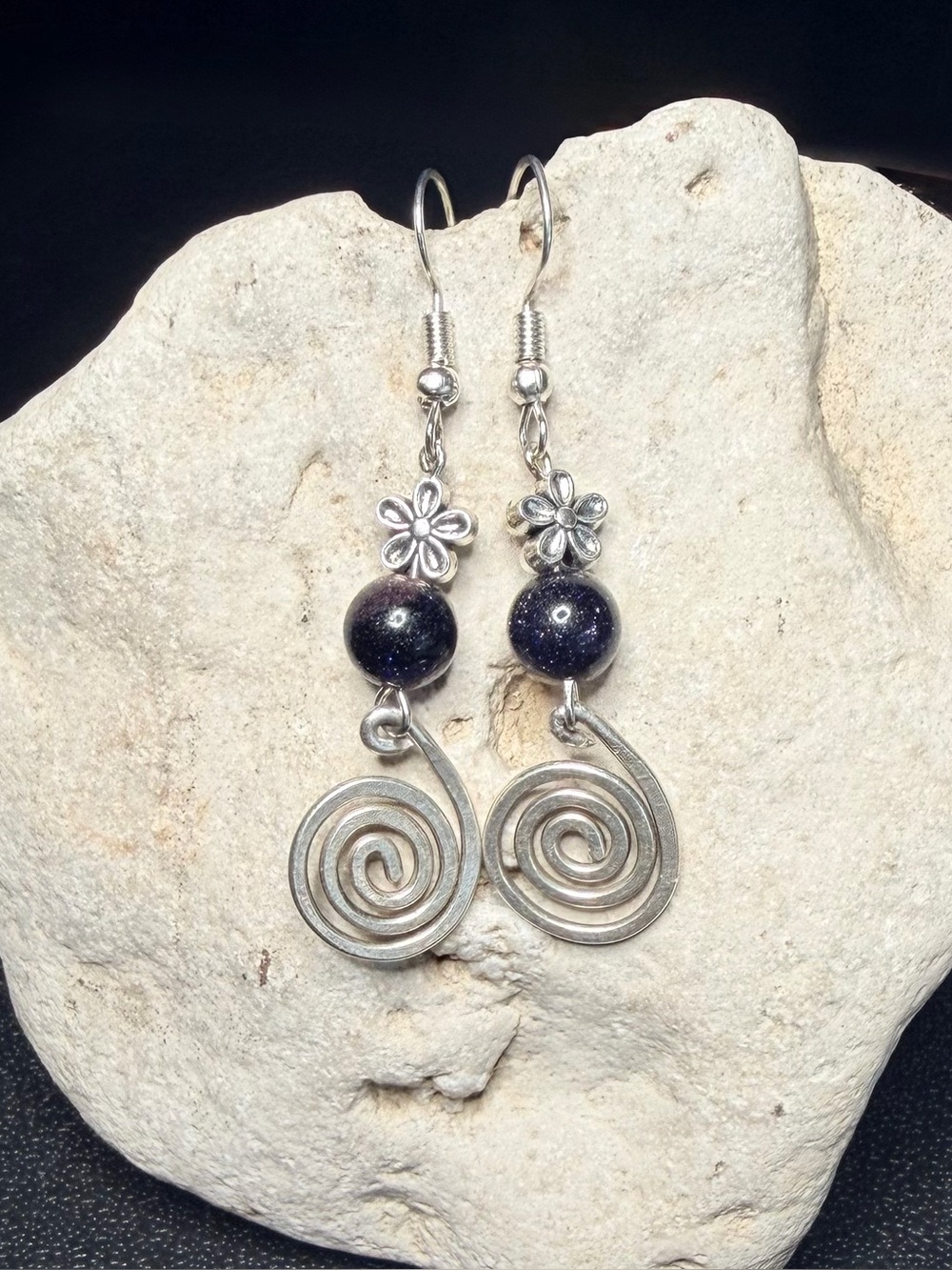 ✨Handmade✨ Silver-Tone Floral Spiral Earrings w/ Blue Beads - Hypoallergenic